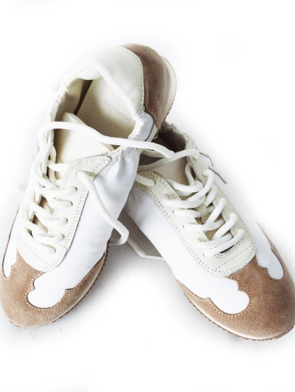 BURCH TORY SNEAKER NYLON/LEATHER/SUEDE T LOGO IVORY/TAN/SZ US 8.5 - Picture 9 of 13